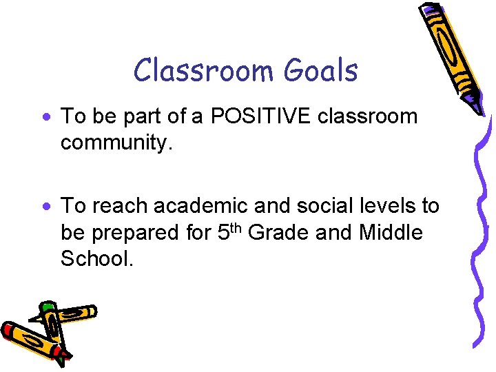 Classroom Goals To be part of a POSITIVE classroom community. To reach academic and
