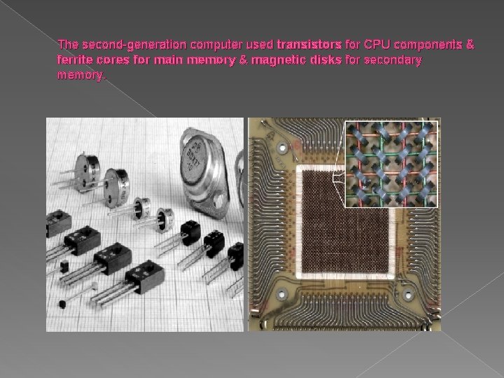 The second-generation computer used transistors for CPU components & ferrite cores for main memory