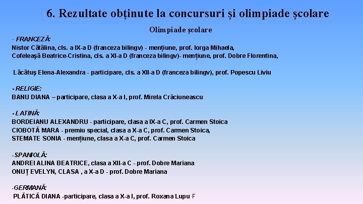 6. Rezultate obținute la concursuri și olimpiade școlare Olimpiade școlare - FRANCEZĂ: Nistor Cãtãlina,