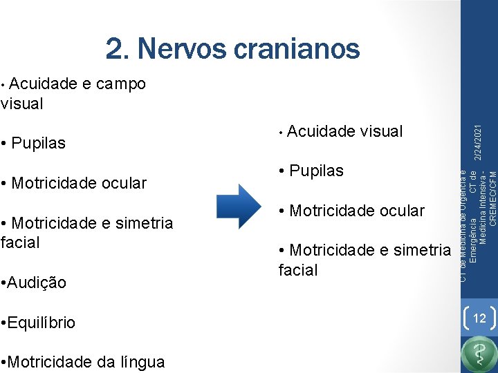 2. Nervos cranianos • Acuidade e campo • Motricidade ocular • Motricidade e simetria