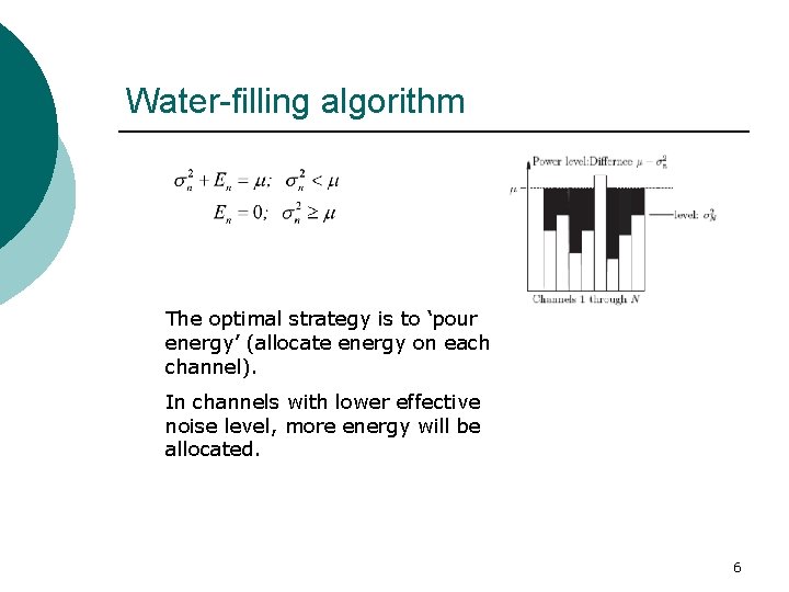 Water-filling algorithm The optimal strategy is to ‘pour energy’ (allocate energy on each channel).
