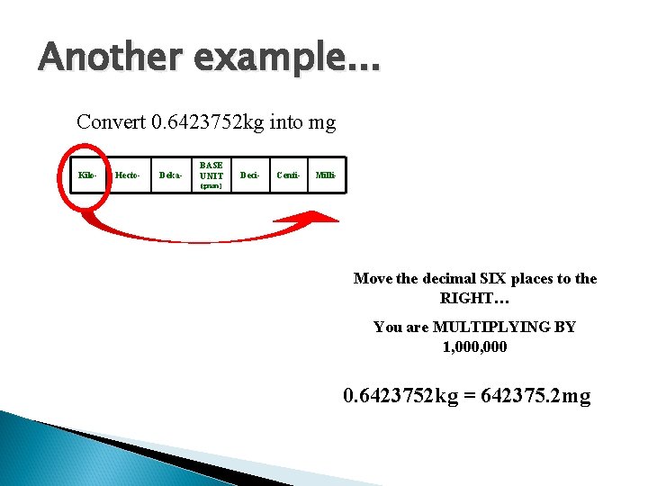 Another example. . . Convert 0. 6423752 kg into mg Kilo- Hecto- Deka- BASE