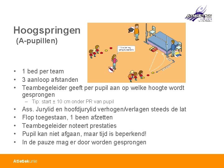Hoogspringen (A-pupillen) • 1 bed per team • 3 aanloop afstanden • Teambegeleider geeft