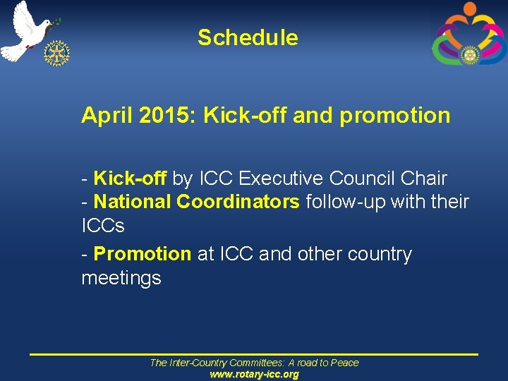 Schedule April 2015: Kick-off and promotion - Kick-off by ICC Executive Council Chair -