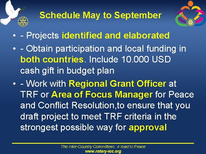 Schedule May to September • - Projects identified and elaborated • - Obtain participation