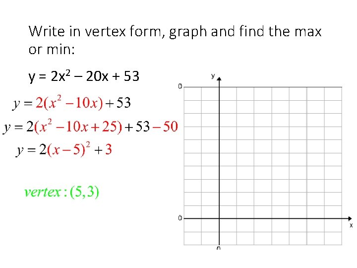 Write in vertex form, graph and find the max or min: y = 2