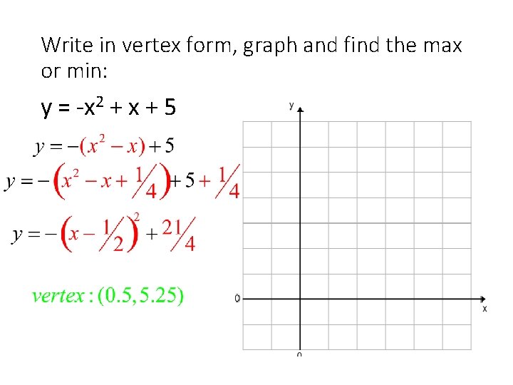Write in vertex form, graph and find the max or min: y = -x