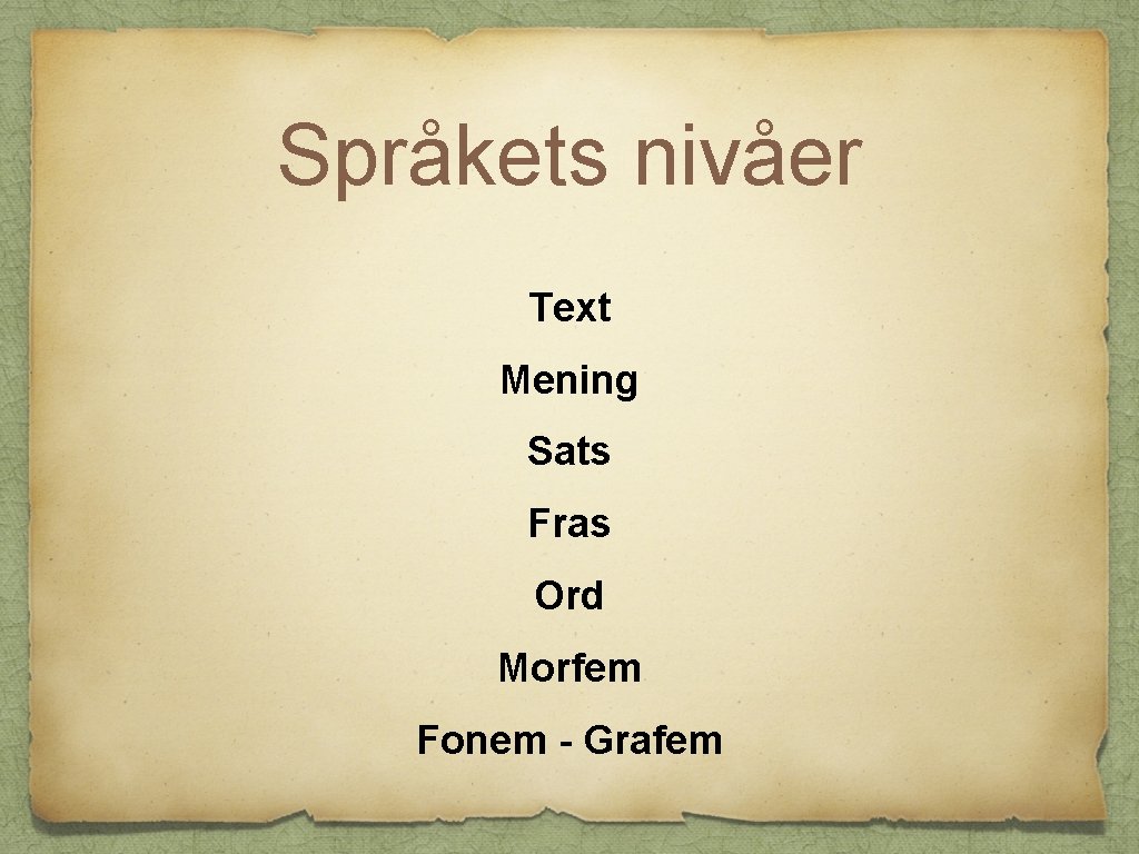 Språkets nivåer Text Mening Sats Fras Ord Morfem Fonem - Grafem 