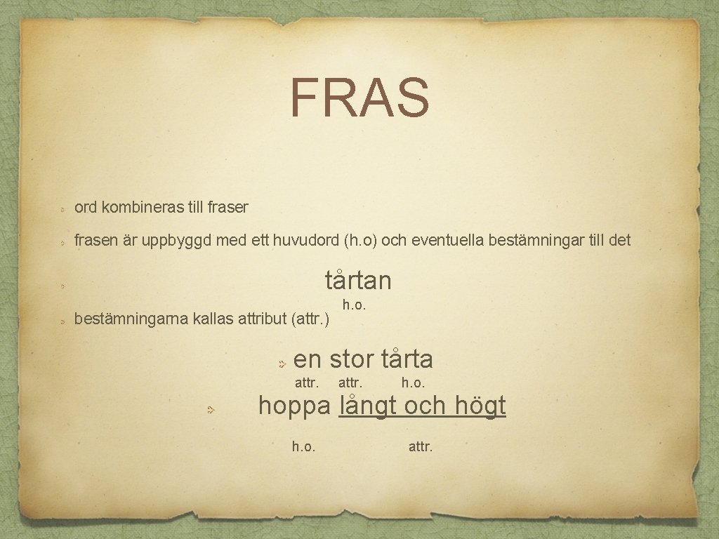 FRAS ord kombineras till fraser frasen är uppbyggd med ett huvudord (h. o) och