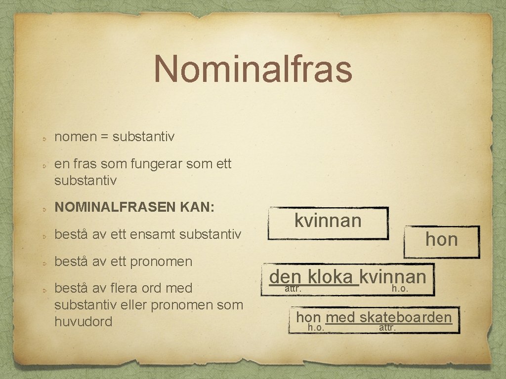 Nominalfras nomen = substantiv en fras som fungerar som ett substantiv NOMINALFRASEN KAN: bestå