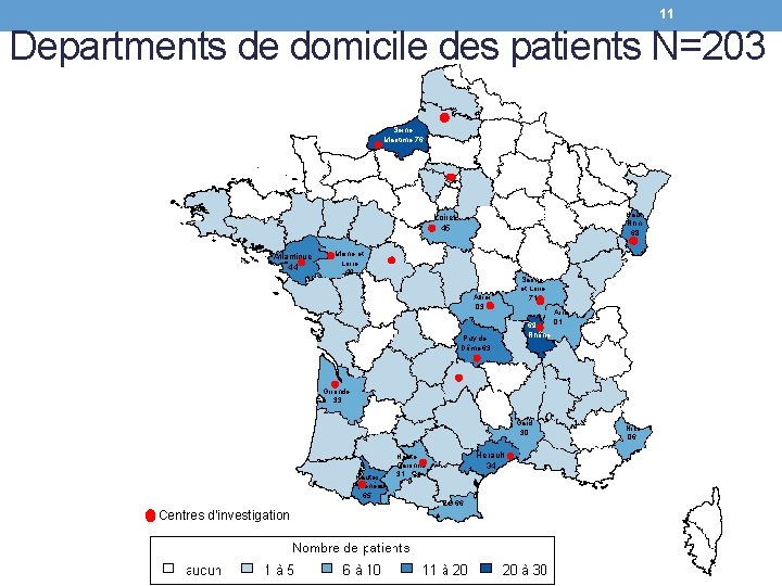 11 Departments de domicile des patients N=203 Seine Maritime 76 Haut Rhin 68 Loiret