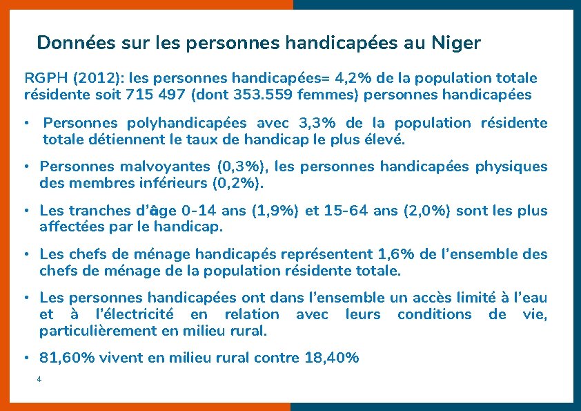 Données sur les personnes handicapées au Niger RGPH (2012): les personnes handicapées= 4, 2%