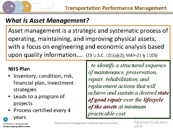 Transportation Performance Management What Is Asset Management? Asset management is a strategic and systematic