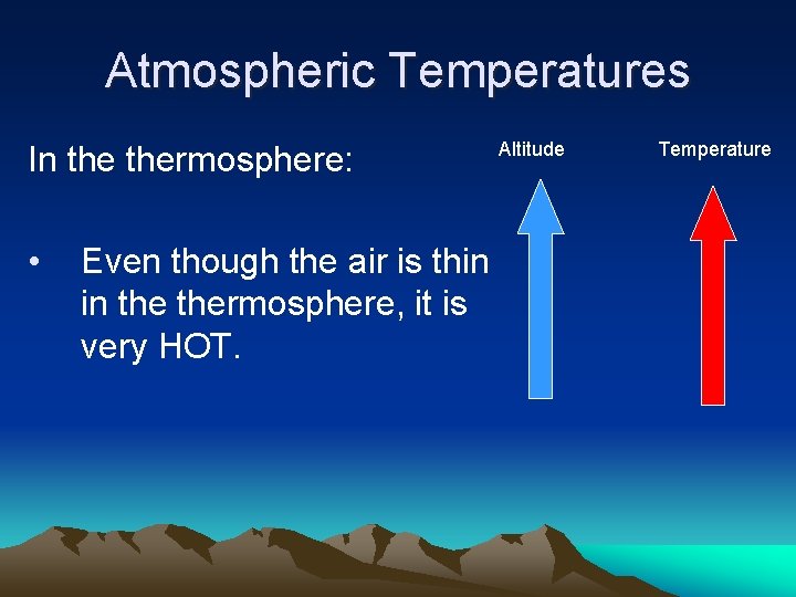 Atmospheric Temperatures In thermosphere: • Even though the air is thin in thermosphere, it