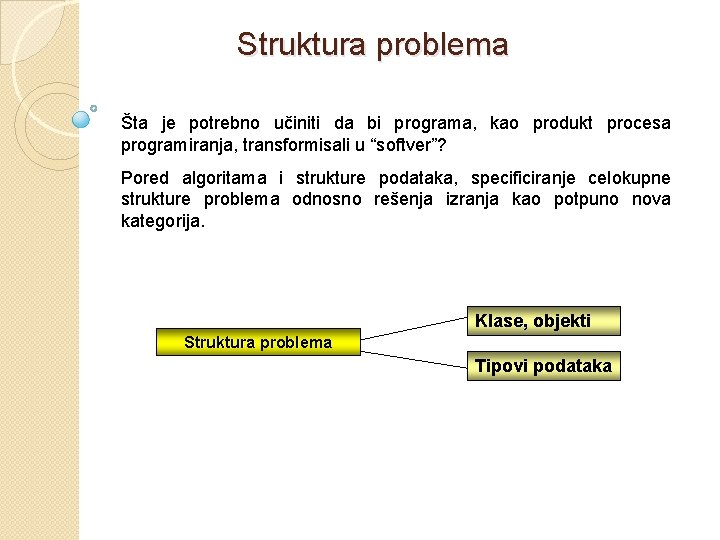 Struktura problema Šta je potrebno učiniti da bi programa, kao produkt procesa programiranja, transformisali