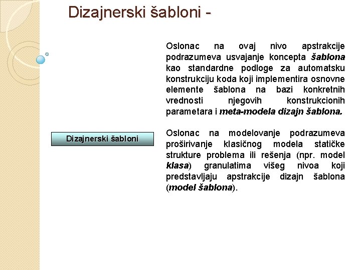 Dizajnerski šabloni - Oslonac na ovaj nivo apstrakcije podrazumeva usvajanje koncepta šablona kao standardne