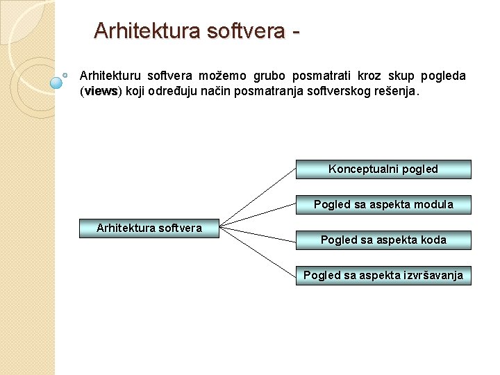 Arhitektura softvera - Arhitekturu softvera možemo grubo posmatrati kroz skup pogleda (views) koji određuju