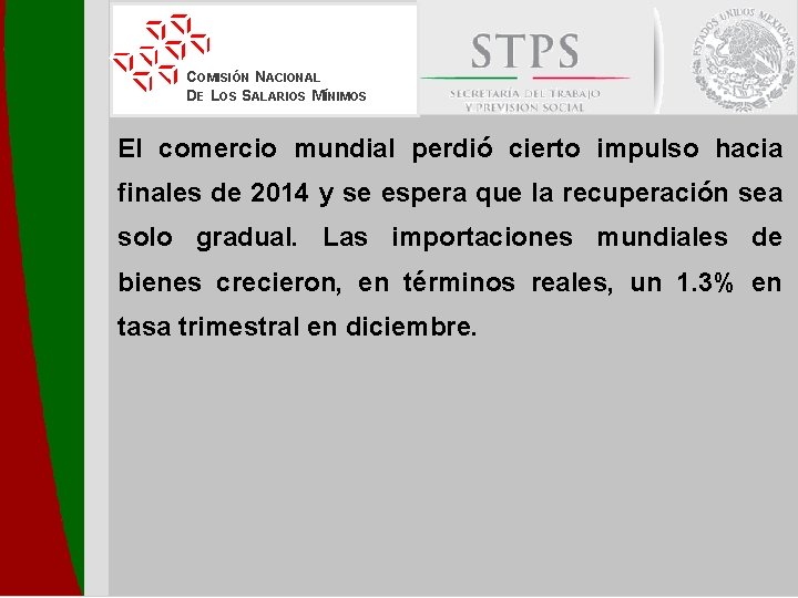 COMISIÓN NACIONAL DE LOS SALARIOS MÍNIMOS El comercio mundial perdió cierto impulso hacia finales