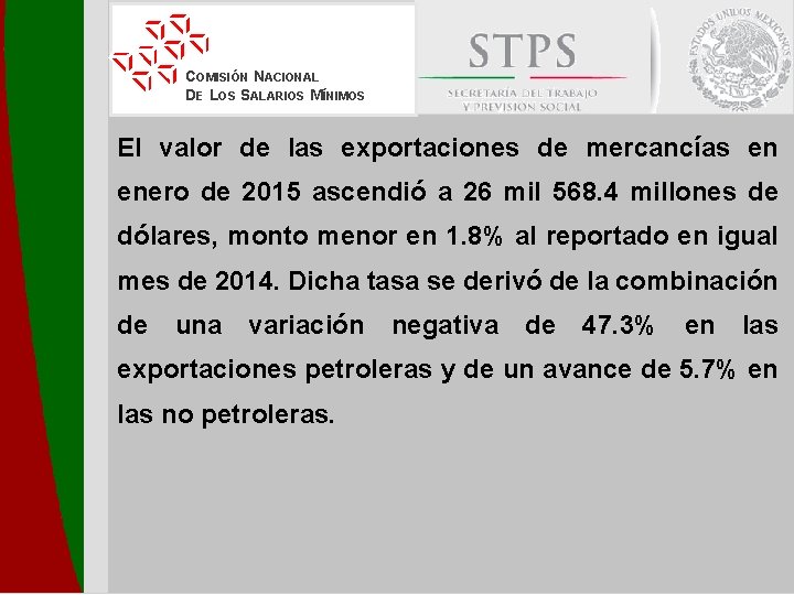 COMISIÓN NACIONAL DE LOS SALARIOS MÍNIMOS El valor de las exportaciones de mercancías en