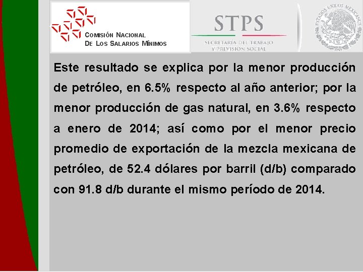 COMISIÓN NACIONAL DE LOS SALARIOS MÍNIMOS Este resultado se explica por la menor producción