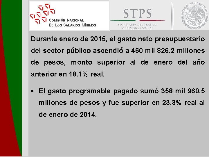 COMISIÓN NACIONAL DE LOS SALARIOS MÍNIMOS Durante enero de 2015, el gasto neto presupuestario