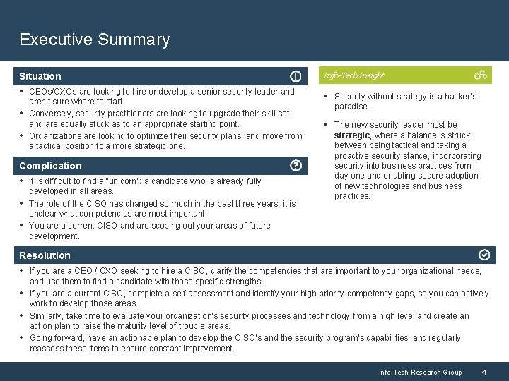 Executive Summary Situation • CEOs/CXOs are looking to hire or develop a senior security