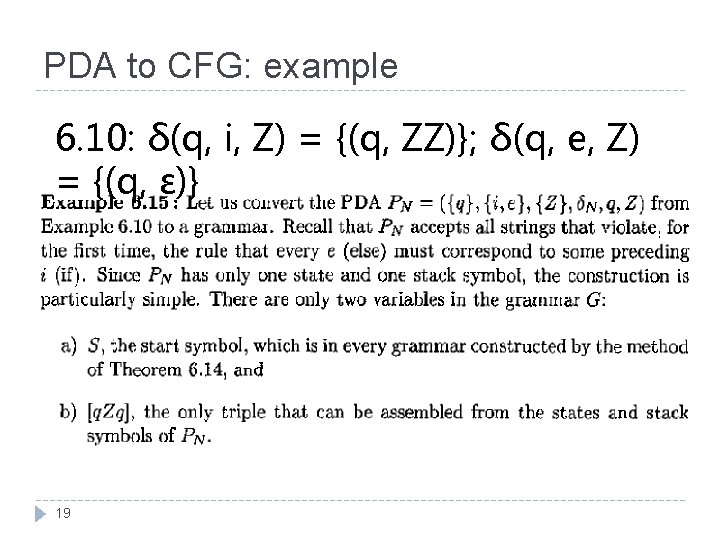PDA to CFG: example 6. 10: δ(q, i, Z) = {(q, ZZ)}; δ(q, e,