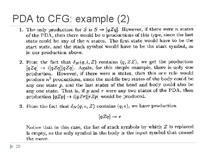 PDA to CFG: example (2) 20 