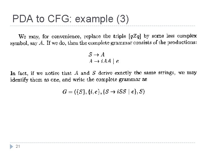 PDA to CFG: example (3) 21 