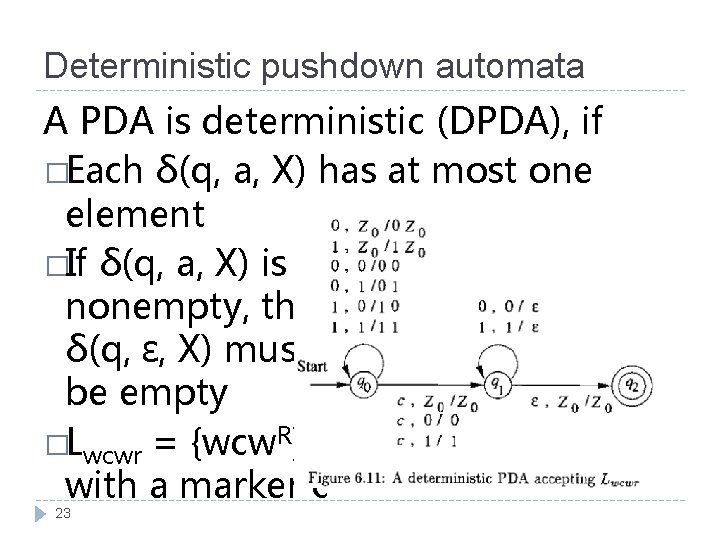 Deterministic pushdown automata A PDA is deterministic (DPDA), if �Each δ(q, a, X) has