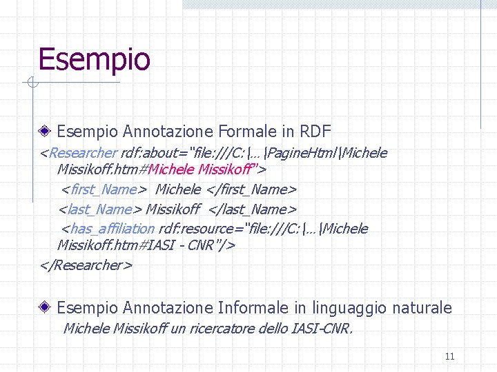 Esempio Annotazione Formale in RDF <Researcher rdf: about=“file: ///C: …Pagine. HtmlMichele Missikoff. htm#Michele Missikoff">