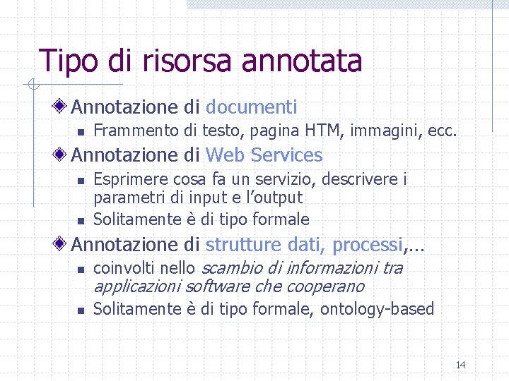 Tipo di risorsa annotata Annotazione di documenti n Frammento di testo, pagina HTM, immagini,