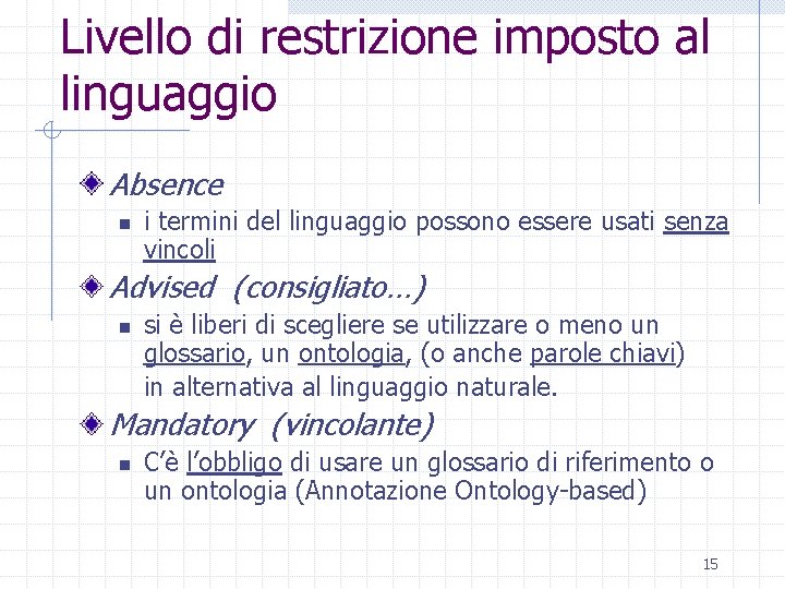 Livello di restrizione imposto al linguaggio Absence n i termini del linguaggio possono essere