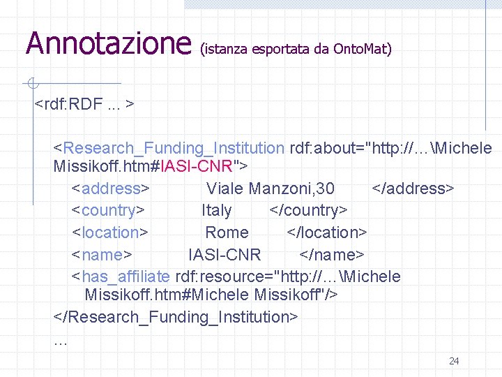 Annotazione (istanza esportata da Onto. Mat) <rdf: RDF. . . > <Research_Funding_Institution rdf: about="http: