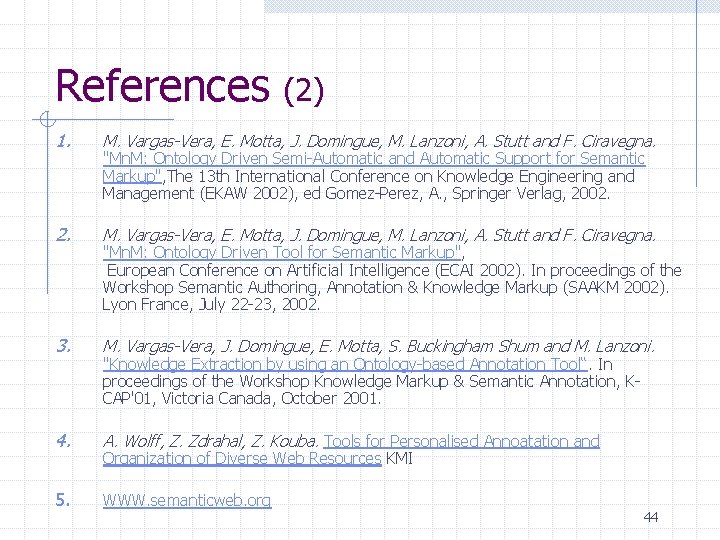 References (2) 1. M. Vargas-Vera, E. Motta, J. Domingue, M. Lanzoni, A. Stutt and