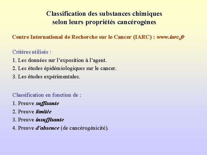Classification des substances chimiques selon leurs propriétés cancérogènes Centre International de Recherche sur le