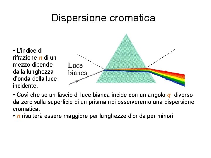 Dispersione cromatica • L’indice di rifrazione n di un mezzo dipende dalla lunghezza d’onda