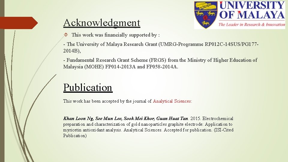 Acknowledgment This work was financially supported by : - The University of Malaya Research Acknowledgment This work was financially supported by : - The University of Malaya Research