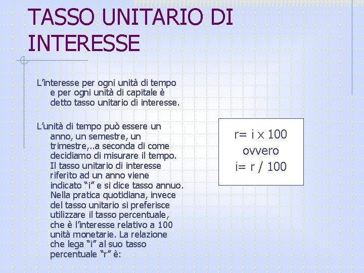 TASSO UNITARIO DI INTERESSE L’interesse per ogni unità di tempo e per ogni unità