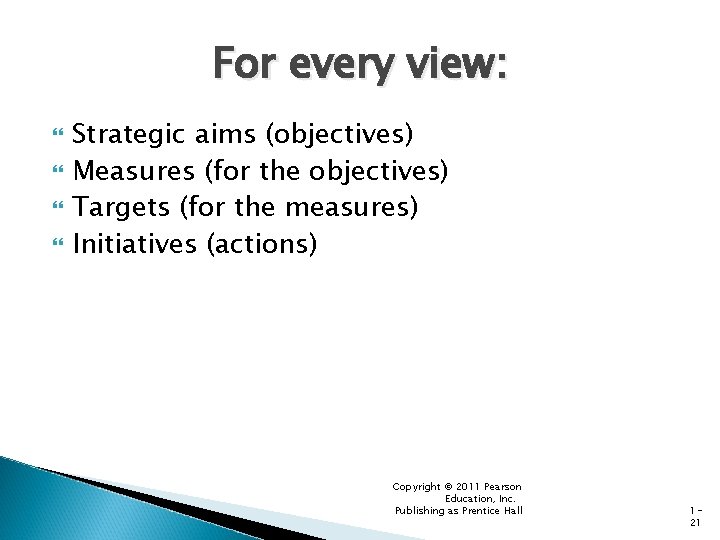 For every view: Strategic aims (objectives) Measures (for the objectives) Targets (for the measures) For every view: Strategic aims (objectives) Measures (for the objectives) Targets (for the measures)
