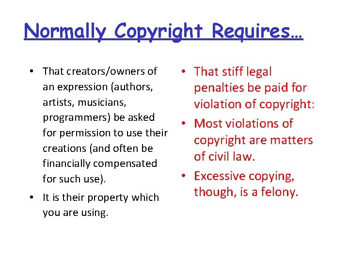Normally Copyright Requires… • That creators/owners of an expression (authors, artists, musicians, programmers) be Normally Copyright Requires… • That creators/owners of an expression (authors, artists, musicians, programmers) be