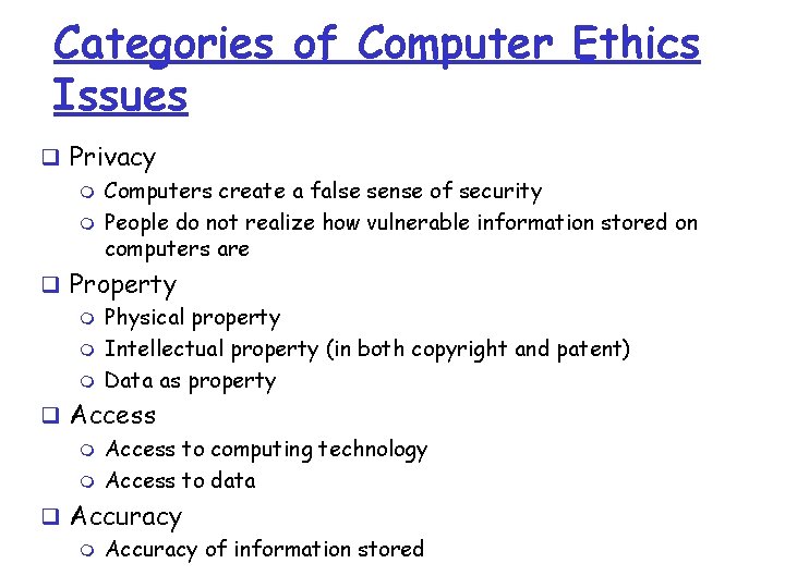 Categories of Computer Ethics Issues q Privacy m Computers create a false sense of Categories of Computer Ethics Issues q Privacy m Computers create a false sense of