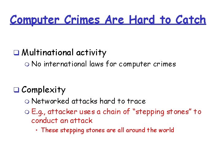 Computer Crimes Are Hard to Catch q Multinational activity m No international laws for Computer Crimes Are Hard to Catch q Multinational activity m No international laws for