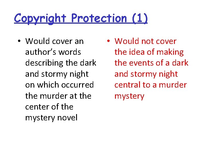 Copyright Protection (1) • Would cover an author’s words describing the dark and stormy Copyright Protection (1) • Would cover an author’s words describing the dark and stormy