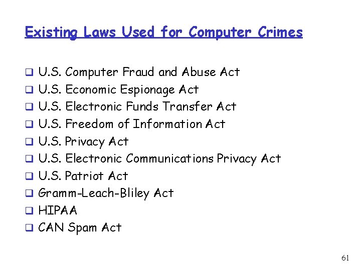 Existing Laws Used for Computer Crimes q U. S. Computer Fraud and Abuse Act Existing Laws Used for Computer Crimes q U. S. Computer Fraud and Abuse Act