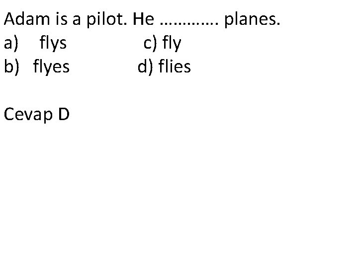Adam is a pilot. He …………. planes. a) flys c) fly b) flyes d)