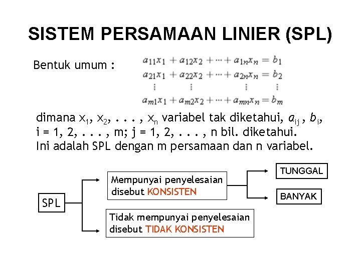 SISTEM PERSAMAAN LINIER (SPL) Bentuk umum : dimana x 1, x 2, . .