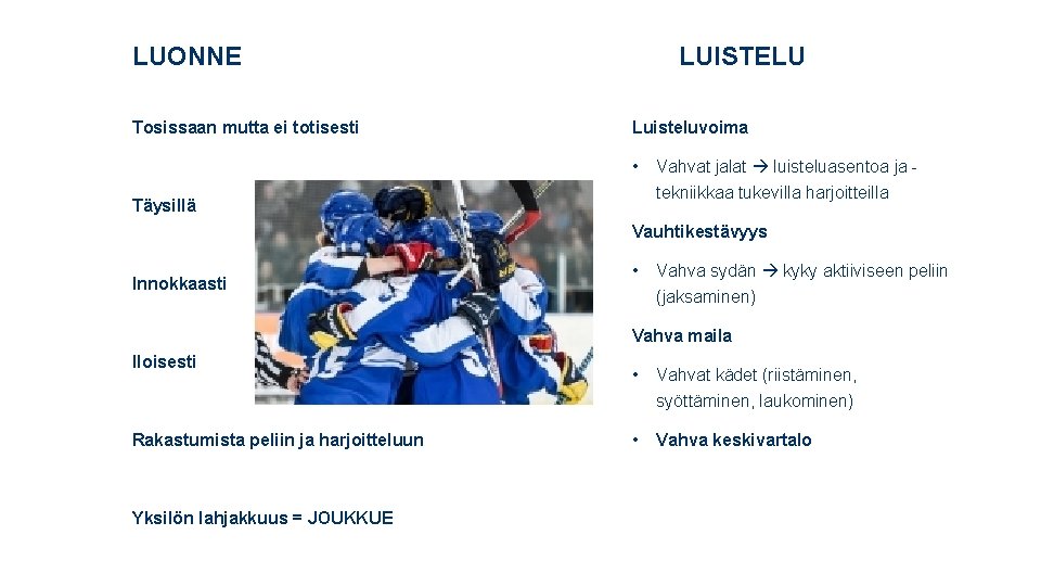 LUONNE Tosissaan mutta ei totisesti LUISTELU Luisteluvoima • Vahvat jalat luisteluasentoa ja tekniikkaa tukevilla