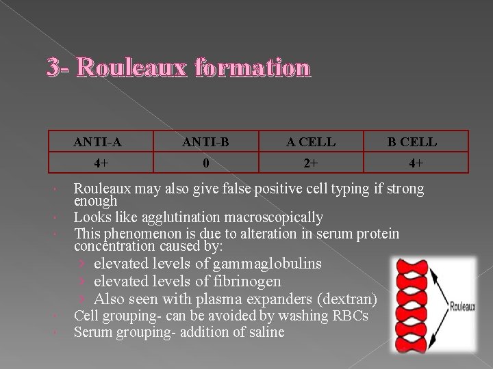 3 - Rouleaux formation ANTI-A ANTI-B A CELL B CELL 4+ 0 2+ 4+
