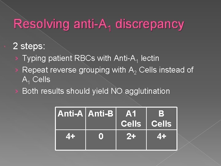 Resolving anti-A 1 discrepancy 2 steps: › Typing patient RBCs with Anti-A 1 lectin